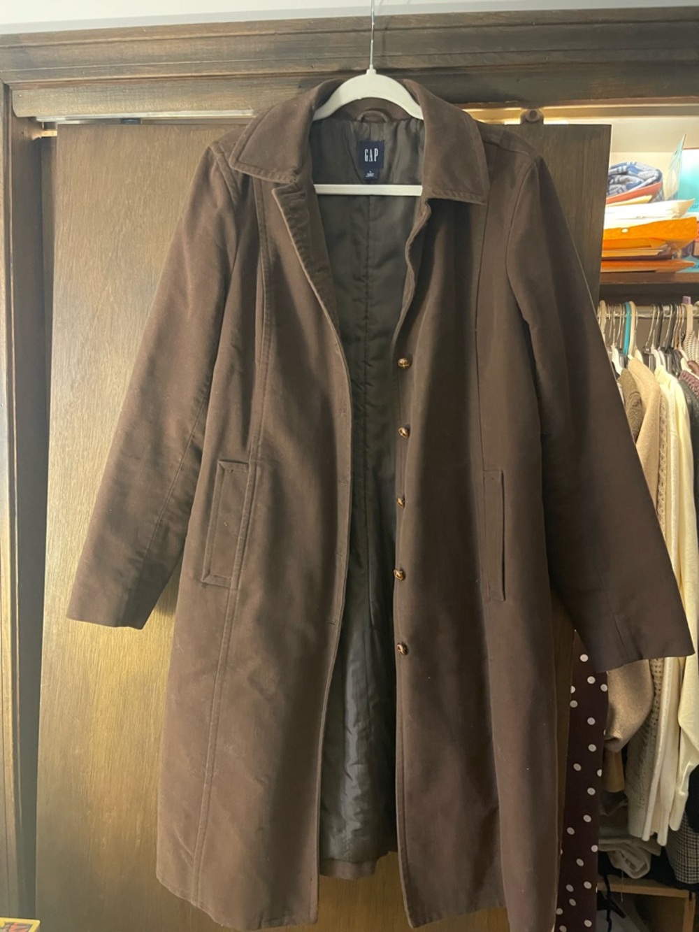 GAP Dark Brown Mid-Length Coat with Button Front size large fits like medium